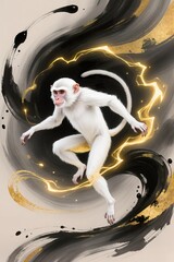 Artistic white Monkey with abstract ink splashes, luxury eastern painting style, gold foil accents floating across the form, symbolic and elegant, warm golden background