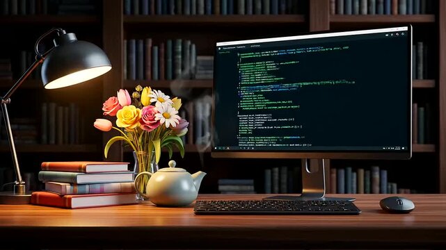 Ergonomic workspace design in a cozy study: desktop computer with code, warm lamp, books, and flowers create an inviting, productive environment.