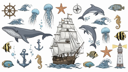 Nautical theme collection with sailing ship sea creatures and lighthouse. © Sikapat