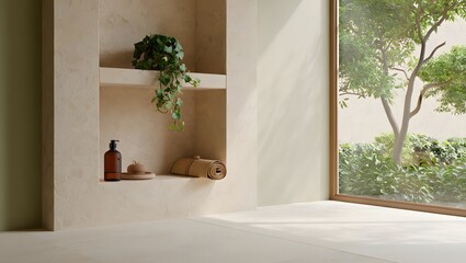 Serene bathroom scene with greenery and natural light
