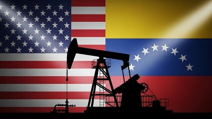 US and Venezuela flags with oil pumpjack silhouette symbolizing energy relations