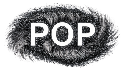 Bold white text "POP" over a swirling, textured, dark gray background