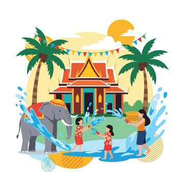 People and an elephant celebrate the Thai Songkran festival by splashing water in front of a beautiful traditional temple.