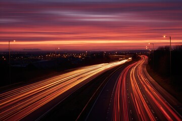 Long exposure shot of a highway with streaks of car lights at sunset