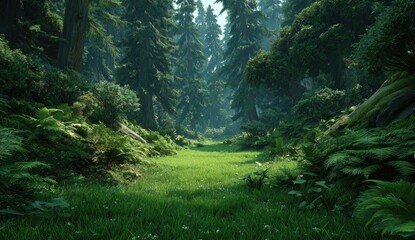 Lush, sunlit forest path winds through tall trees and vibrant greenery