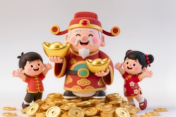 High-quality 3D cartoon fortune god, surrounded by piles of ancient gold coins, cheerful children waving, mascot branding style