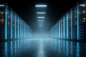 Computer server room with rows of racks, blue lighting, and a foggy atmosphere