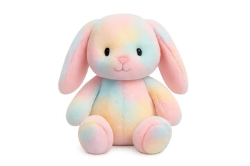 Plush rainbow bunny sitting on transparent background