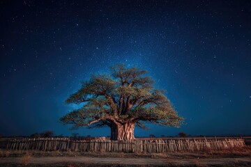 Majestic tree silhouetted against a starlit night sky, surrounded by a rustic fence