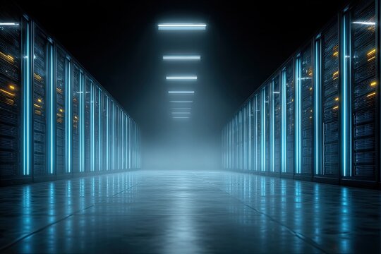 Computer server room with rows of racks, blue lighting, and a foggy atmosphere - Powered by Adobe