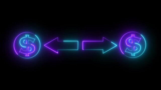 Glowing neon red and blue color line of dollar sign with right and left arrow icon animation business graph bar chart money profit finance success us currency sign symbol 4k .