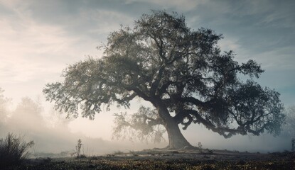 A majestic, aged tree stands in a field shrouded in mist under a cloudy sky