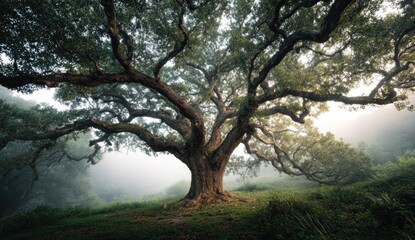 A large tree with sprawling branches dominates a foggy forest scene