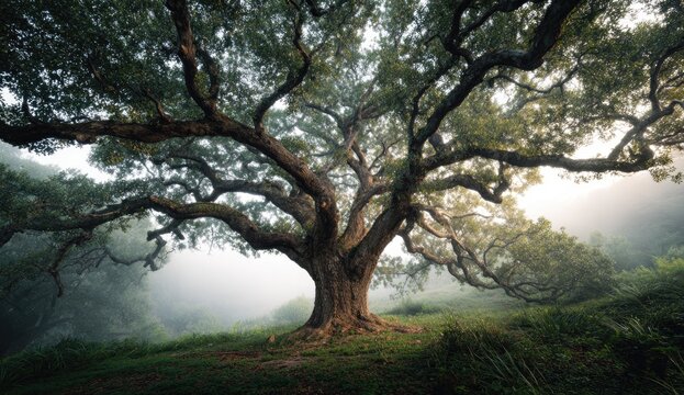 A large tree with sprawling branches dominates a foggy forest scene