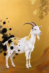 Mythical white goat in eastern fantasy art style, glowing soft fur, flowing mane, gold foil patterns, expressive ink splashes, sacred and graceful mood, warm golden backdrop, ultra high detail