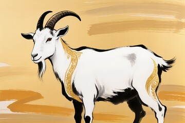 Mythical white goat in eastern fantasy art style, glowing soft fur, flowing mane, gold foil patterns, expressive ink splashes, sacred and graceful mood, warm golden backdrop, ultra high detail