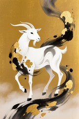 Mythical white goat in eastern fantasy art style, glowing soft fur, flowing mane, gold foil patterns, expressive ink splashes, sacred and graceful mood, warm golden backdrop, ultra high detail