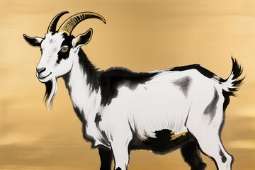 Mythical white goat in eastern fantasy art style, glowing soft fur, flowing mane, gold foil patterns, expressive ink splashes, sacred and graceful mood, warm golden backdrop, ultra high detail