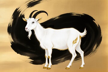 Mythical white goat in eastern fantasy art style, glowing soft fur, flowing mane, gold foil patterns, expressive ink splashes, sacred and graceful mood, warm golden backdrop, ultra high detail