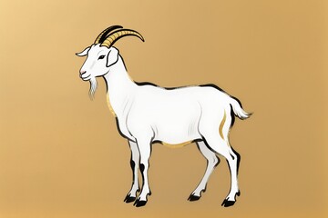 Mythical white goat in eastern fantasy art style, glowing soft fur, flowing mane, gold foil patterns, expressive ink splashes, sacred and graceful mood, warm golden backdrop, ultra high detail