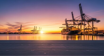 Fototapeta premium A large cargo ship docked at a port with cranes and containers at sunset.