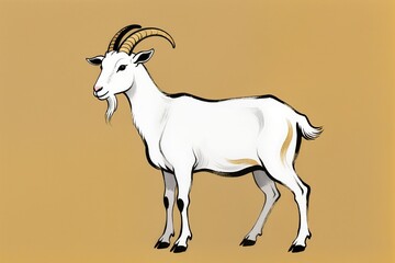 Mythical white goat in eastern fantasy art style, glowing soft fur, flowing mane, gold foil patterns, expressive ink splashes, sacred and graceful mood, warm golden backdrop, ultra high detail