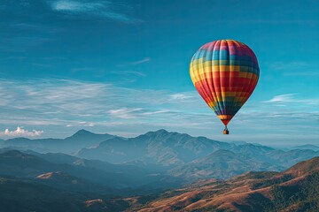 Naklejka premium A colorful hot air balloon floats above a mountain range under a brilliant blue sky