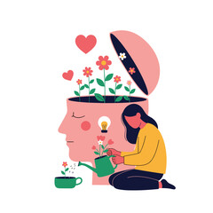 Mental health and self-care concept with a woman watering a garden of flowers growing from an open human head symbol.
