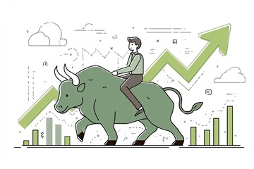A person rides a bull with rising chart lines, symbolizing market growth
