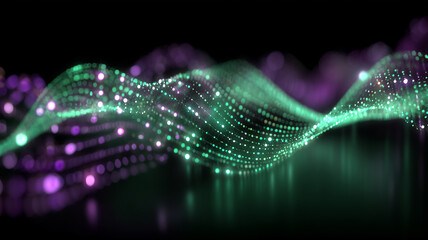 Abstract digital wave formed by connected particles representing data flow artificial intelligence and advanced technology networks.
