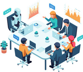 Isometric Robot and Humans Collaborating in a Business Meeting