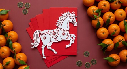 Chinese New Year Celebration with Horse Flat Lay Vibrant Oranges and Coins Festive Atmosphere Colorful Arrangement