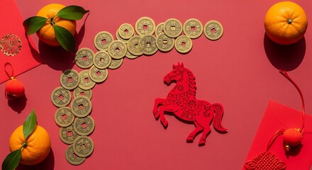 Chinese New Year Celebration with Horse and Coins Flat Lay Composition Vibrant Environment