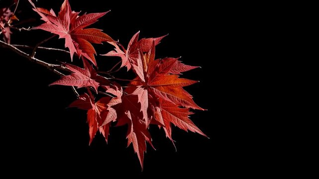 Vibrant Red Maple Leaves Against a Deep Black Background in Autumn.