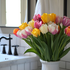 Vibrant tulip bouquet arrangement elegant bathroom floral display soft natural light close-up spring aesthetic