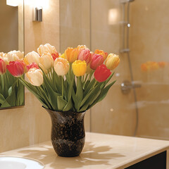 Colorful tulips arrangement modern bathroom photography indoor close-up floral decoration ideas