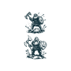 Set of two vintage hand-drawn engravings featuring a resilient bearded dwarf warrior standing on a rock, holding an axe and shield while being showered with arrows.