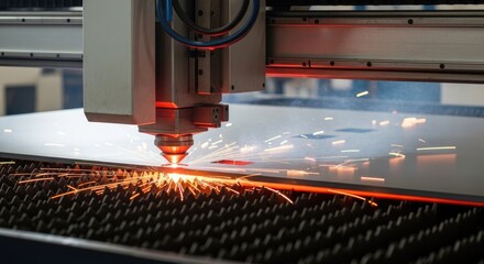 A laser cutter cutting a sheet of metal with sparks flying.