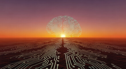 Digital brain emerges from circuit board path towards sunrise