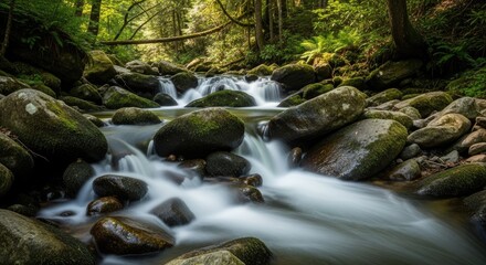 A serene, lush forest stream with moss-covered rocks and a waterfall, surrounded by green foliage and trees.