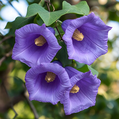 Blooming purple trumpet flowers garden photography natural light close-up view vibrant beauty