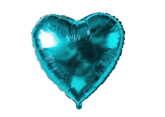 Shiny, turquoise foil heart balloon with bright light reflecting