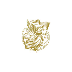 Illustration of a winged angel logo holding a flag