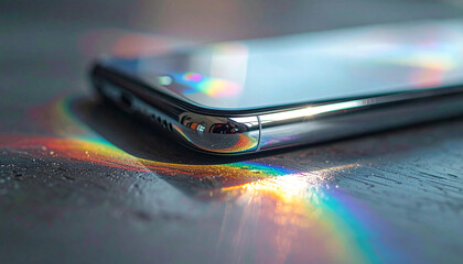 Technological Prism: The modern smartphone reflects a spectrum of light, showcasing its sleek design and the captivating colors it refracts.