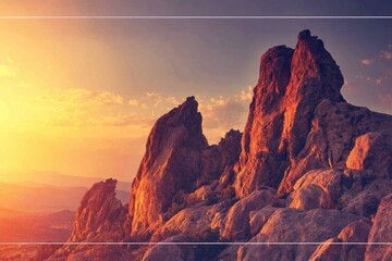 Rocky mountain peaks silhouetted against a golden sunset and a soft cloudscape