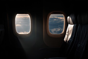 Interior view of airplane cabin featuring windows showcasing sunlight and cloudscape