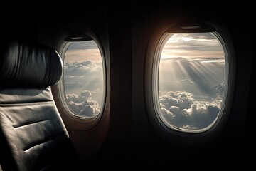 Interior view of airplane cabin with cloud formations, sunlight streaming through windows