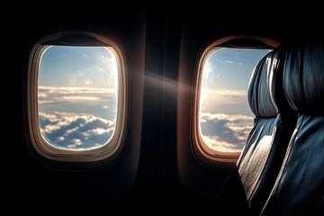 View through airplane windows; the sun illuminates fluffy clouds and the blue sky