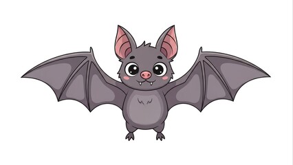 Cute cartoon bat flying character isolated on white background. Adorable vector illustration of a nocturnal mammal with spread wings, perfect for Halloween designs or children's media.