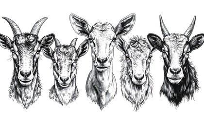 Detailed Black and White Sketch of Five Goats Heads in a Row.